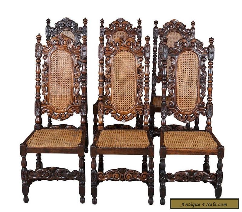 Set Of Six French Antique Carved Oak Dining Chairs Cane Seats And