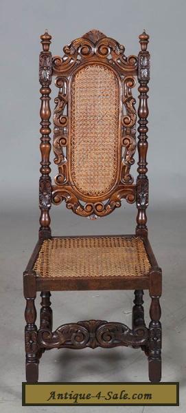 Set of Six French Antique Carved Oak Dining Chairs Cane Seats and Backs