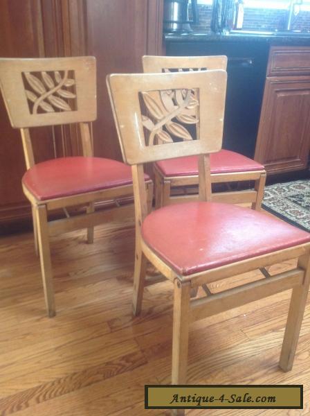 (3) Vintage Stakmore Mid-Century Modern Wooden Folding Chairs for Sale