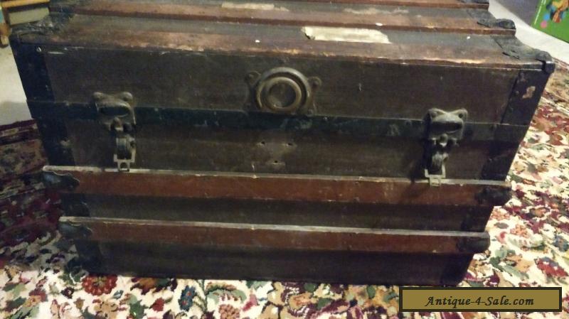 Vintage Wooden Flattop Steamer Trunk luggage BROWN coffee table antique Box for Sale in United ...