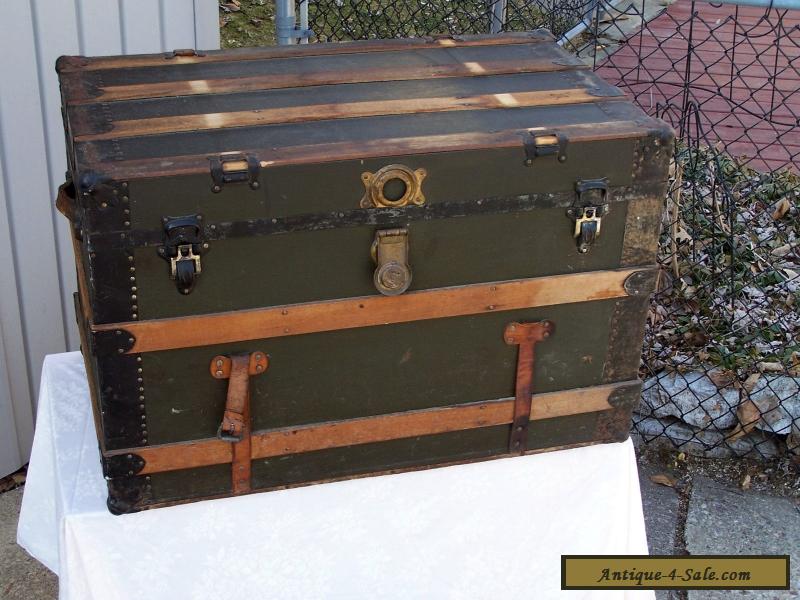 ANTIQUE STEAMER TRUNK VINTAGE VICTORIAN WOODEN FLAT TOP ANTIQUE CHEST for Sale in United States