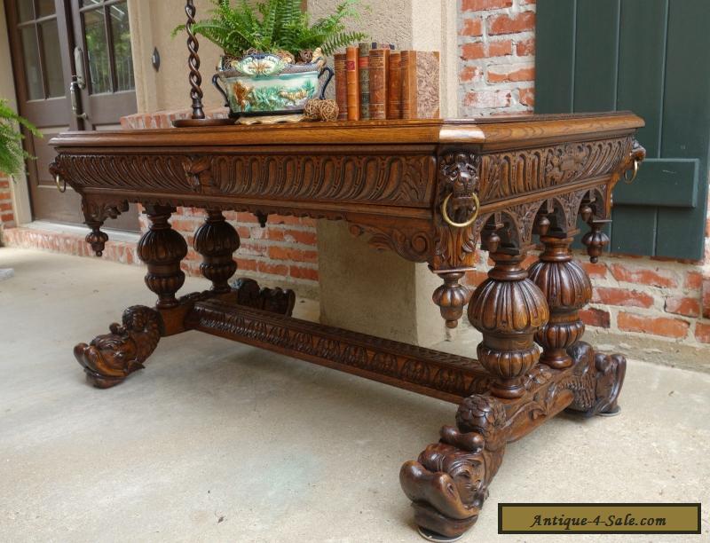 Antique French Victorian Carved Tiger Oak Dolphin Table Desk