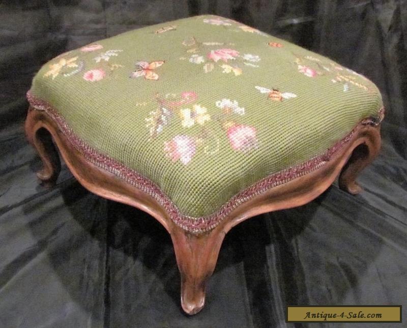Antique Victorian Needlepoint Foot Stool with Carved Wood Legs