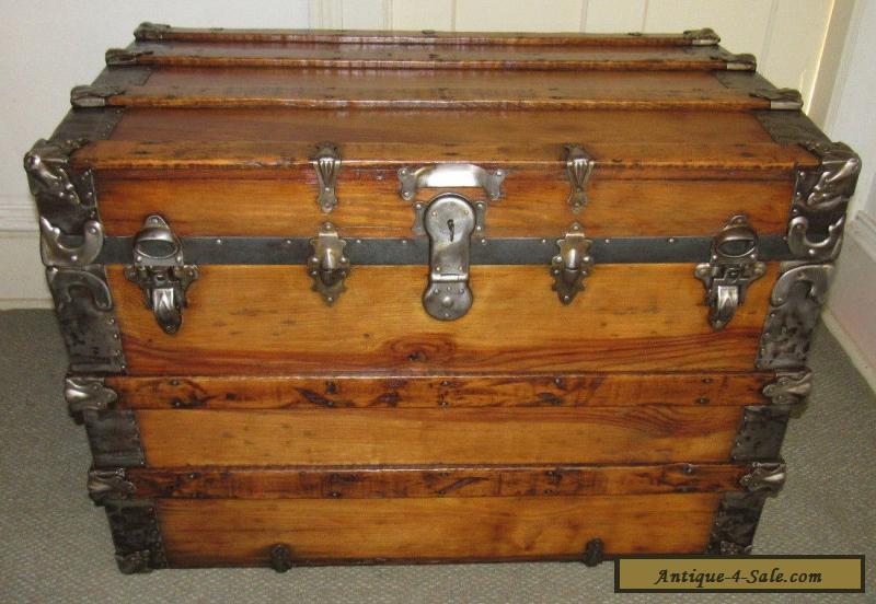 Antique Steamer Trunk Vintage Victorian Large Flat Top Wooden