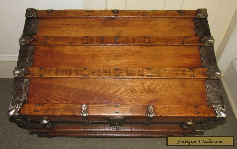 ANTIQUE STEAMER TRUNK VINTAGE VICTORIAN LARGE FLAT TOP WOODEN TRAVEL CHEST C1890 for Sale in ...