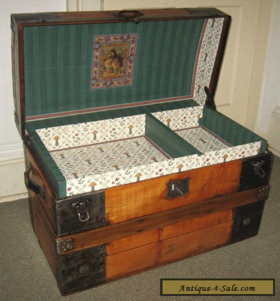 ANTIQUE STEAMER TRUNK VINTAGE VICTORIAN RUSTIC WOODEN FLAT TOP CHEST C1890 for Sale in United States