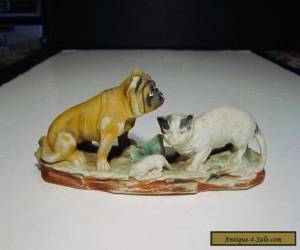 Item Old Antique Bisque Ceramic Bulldog Cat & Rat Figurine Scupture for Sale