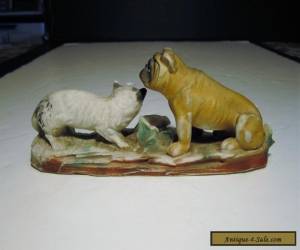 Item Old Antique Bisque Ceramic Bulldog Cat & Rat Figurine Scupture for Sale