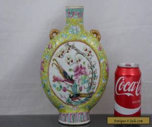 Item Quality Antique Chinese 19th C Yellow Warriors & Birds Moon Flask Vase - Signed for Sale