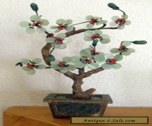 Item ANTIQUE CHINESE MINIATURE JADE-TREE WITH PEKING GLASS LEAVES & BRASS & JADE BASE for Sale