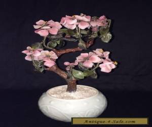 Item Chinese Carved Stone Cherry Blossom Bonsai Tree in Celadon Porcelain  Pot for Sale