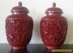 ANTIQUE CARVED RED CINNABAR LAQUER Pair of URN VASE with LID ENAMEL INTRICATE 6" for Sale