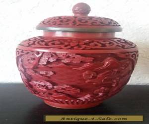 Item ANTIQUE CARVED RED CINNABAR LAQUER Pair of URN VASE with LID ENAMEL INTRICATE 6" for Sale