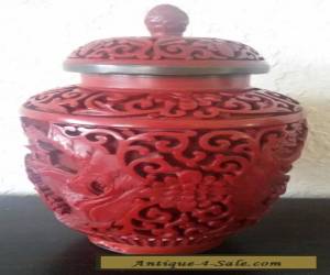 Item ANTIQUE CARVED RED CINNABAR LAQUER Pair of URN VASE with LID ENAMEL INTRICATE 6" for Sale