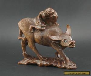 Item Antique Chinese Hardwood Carving Water Buffalo and Child Figure Inlaid Glass Eye for Sale