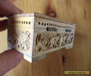 Item antique carved wooden box India design elephant / lion  for Sale