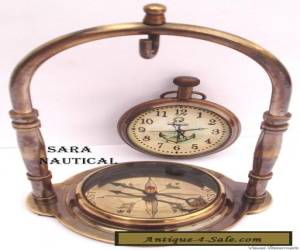 Item ANTIQUE STYLE BRASS TABLE/DESK CLOCK WITH VINTAGE MARITIME BRASS COMPASS for Sale