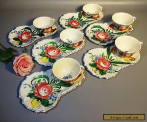 Item Set 6 Majolica Pottery Nove Rose Italy Cup Plates & Cups Hand Painted c1910 for Sale