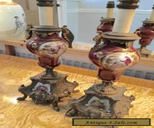 Item pair antique brass spelter ormolu ceramic purple porcelain  china table lights  for Sale
