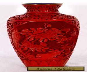 Item Chinese Cinnabar Vase with Blue Enamel Interior, 9" for Sale