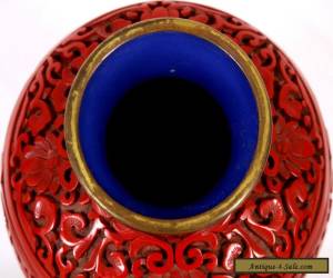 Item Chinese Cinnabar Vase with Blue Enamel Interior, 9" for Sale