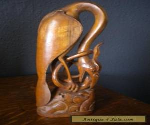 Item Vintage / Old Chinese Wooden Carving Of A Crane And Eel for Sale