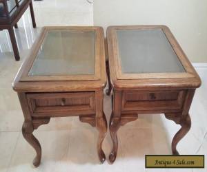 Item Oak End Table Pair Glass Top  Vintage for Sale