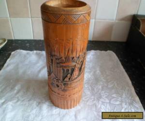 Item Carved wooden vase with a man & boat for Sale