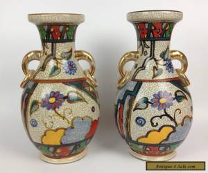 Item Unusual Pair Antique Chinese Crackle Glaze Vases- Vintage Hand Painted Art Deco for Sale