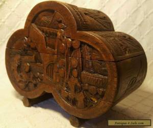 Item Old Chinese Wooden Box With Carved Oriental Scenes for Sale