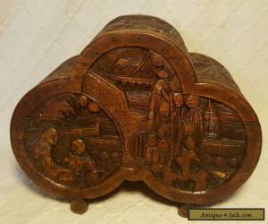 Item Old Chinese Wooden Box With Carved Oriental Scenes for Sale