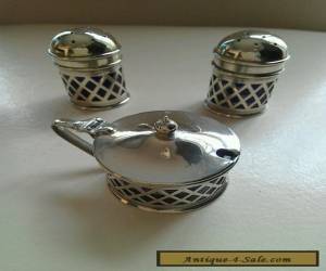 Item VINTAGE SILVER PLATED SALTS WITH CONDIMENT AND BLUE GLASS LINERS  for Sale