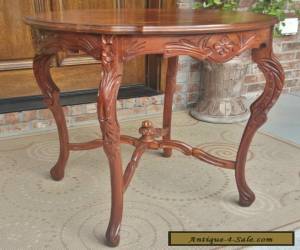 Item ANTIQUE FRENCH LOUIS XVI STYLE CARVED MAHOGANY TABLE BURLED MARQUETRY INLAID TOP for Sale