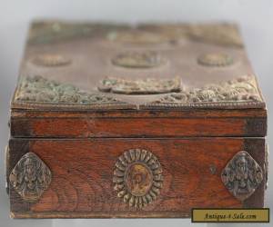 Item Fantastic Antique Wooden Box Decorated w/Casted Iron Buddhist Symbols for Sale