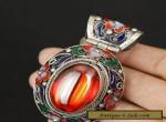  SUPER RARE CHINA SILVER OLD INLAY ZIRCON CLOISONNE COLLECT HAND CARVED PENDANT for Sale