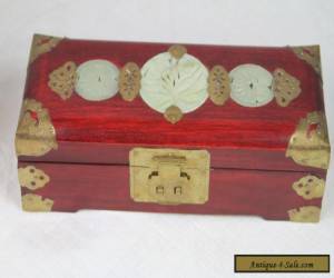 Item Vintage Chinese Hand Carved Jade Stone Wood & Brass Jewelry Box for Sale