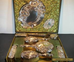 Item Sterling Silver Antique Art Nouveau Embossed Dressing Table Set Pots Trays 1907 for Sale