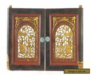 Item Pair of Antique Chinese Red & Gold Wooden Carved Panel for Sale