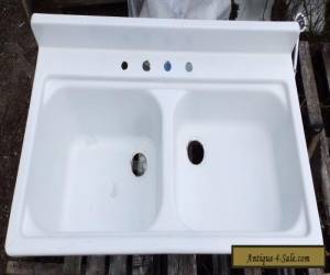 Item Vintage Steel White Porcelain Double Basin Deep Shallow Old Kitchen Sink 5288-15 for Sale