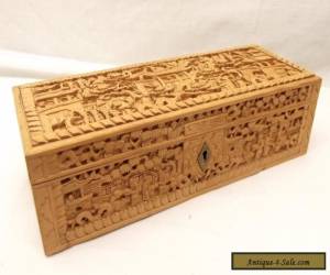 Item Antique Hand Carved Canton Glove Box Sandalwood Intricate Carved Panel 3D Relief for Sale