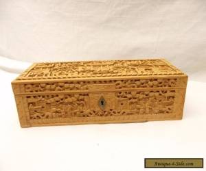 Item Antique Hand Carved Canton Glove Box Sandalwood Intricate Carved Panel 3D Relief for Sale