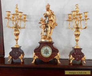 Item Antique Victorian French Rouge Marble Mantle Clock Set Garnitures - Fritz Marti for Sale