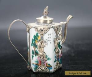 Item Retro painted woman Tibetan silver inlay porcelain teapot and monkey lid E719 for Sale