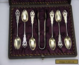 Item Antique Ainsworth Taylor & Co EPNS 6 Spoons & Sugar Tongs in Original Box C1895 for Sale
