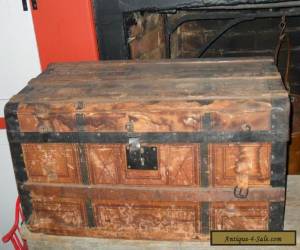 Item Antique Small Steamer Trunk Wooden Brides Chest Wallpaper Lined 1800s for Sale