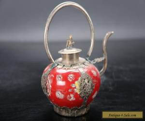 Item Retro painted flower Tibetan silver inlay porcelain teapot and monkey lid E716 for Sale