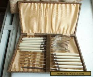 Item Old Vintage Antique English Silver Plate Fish Cutlery Set Boxed C.1920 Complete for Sale