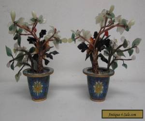 Item Pair Vintage Chinese Hardstone Jade Trees in Cloisonne Pots, Appx. 7" High for Sale