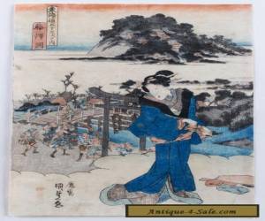 Item Utagawa Kunisada (1786-1865) Antique Japanese Woodblock - "View of Fujisawa" for Sale