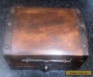 Item ANTIQUE / VINTAGE WOODEN SMALL CHEST SHAPE BOX WITH METAL EDGES & LOCK for Sale